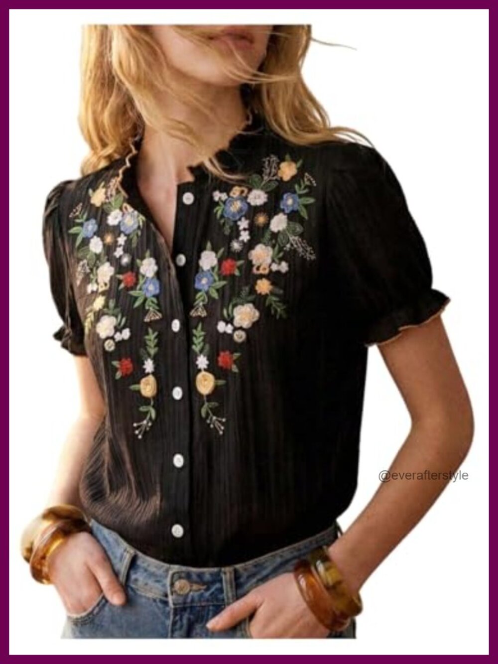 Floral Embroidered Blouse Button Down Short Puff Sleeve Top